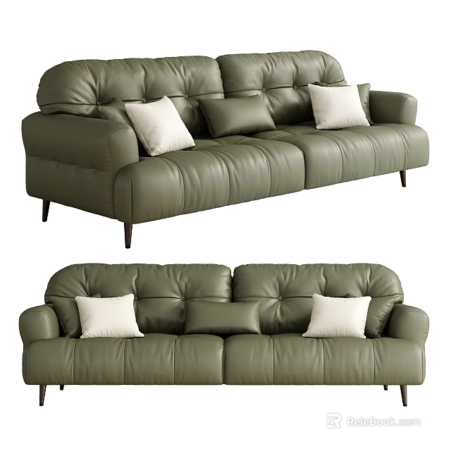 Modern Green Leather Two Seater Sofa With White And Gray Pillows 3d model