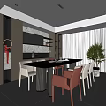 Modern Restaurant Interior Featuring Wooden Dining Table Red White Chairs Grey Wall And Potted Plant