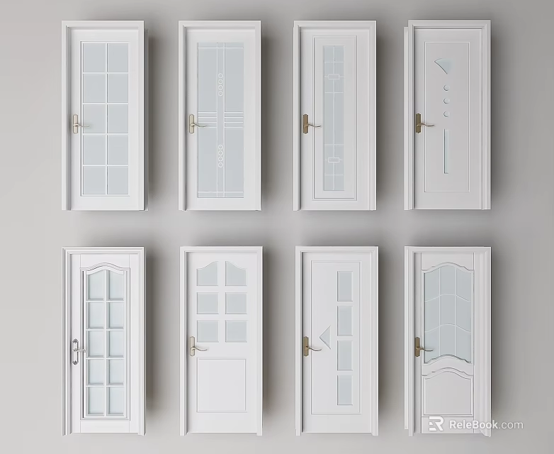 Modern Hinged Doors In Various Designs With Glass Panels And White Frames 3d model 
