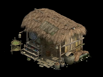 Rustic Thatched House with Thatch Roof Wooden Structure Steps and Buckets 3d model