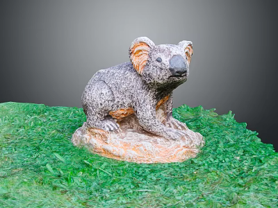 Koala Sculpture on Green Grass with Stone Base and Gray Orange Fur 3d model