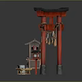 Traditional Japanese Commercial Food Cart With Red Torii Gate Lantern Small Table And Portable Fan