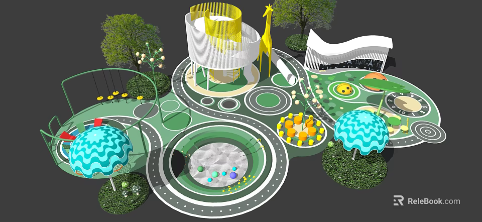 Colorful Children's Playground Featuring Spiral Slide Giraffe Decor Sandpit And Green Trees 3d model 