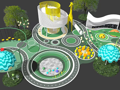 Colorful Children's Playground Featuring Spiral Slide Giraffe Decor Sandpit And Green Trees 3d model
