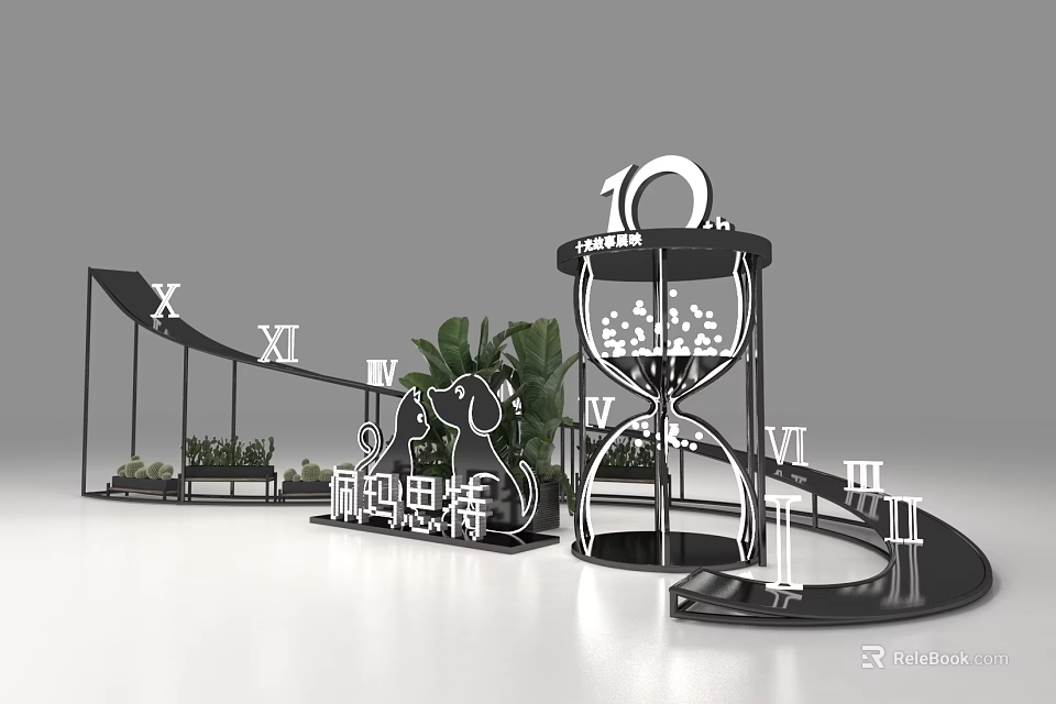 Decorative Structure Featuring Hourglass Number 10 Roman Numerals Curved Design And Green Plants 3d model 