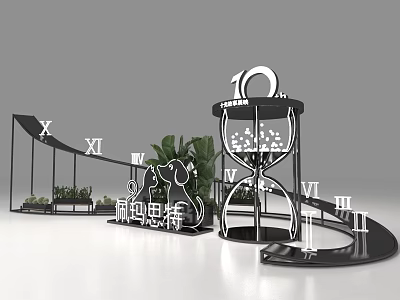 Decorative Structure Featuring Hourglass Number 10 Roman Numerals Curved Design And Green Plants 3d model