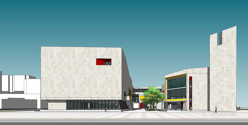 Modern Architectural Complex Featuring Light Colored Facade Red Window Curved Building Glass Curtain Wall Plaza 3d model 