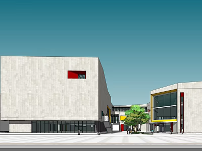 Modern Architectural Complex Featuring Light Colored Facade Red Window Curved Building Glass Curtain Wall Plaza 3d model
