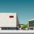 Modern Architectural Complex Featuring Light Colored Facade Red Window Curved Building Glass Curtain Wall Plaza