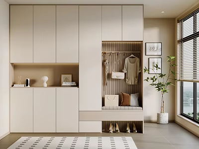 Modern Shoe Cabinet Interior Design With Storage Space Seating Bench Clothing Rack And Potted Plant 3d model