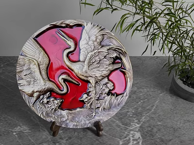 Round Decorative Ornament Set With Crane Design Red Background On Marble Tabletop And Bamboo Plant 3d model