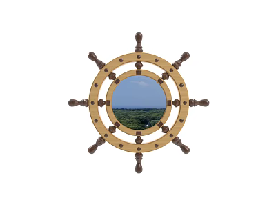 Wooden Ship Wheel Shaped Mirror Reflecting Natural Landscape and Sky 3d model
