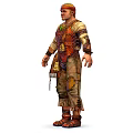Rugged Explorer Character in Patched Clothing with Decorative Pouches and Creature Interaction
