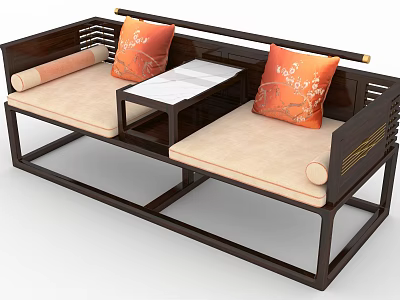 Chinese Style Arhat Daybed With Dark Wooden Frame Beige Cushions And Orange Floral Pillows 3d model