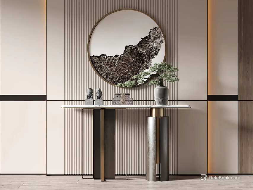 Modern Console Table With Round Mirror Potted Plant And Striped Wall Design 3d model 