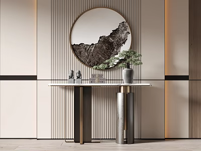 Modern Console Table With Round Mirror Potted Plant And Striped Wall Design 3d model