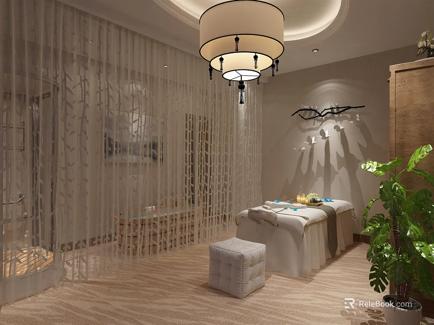 Relaxing SPA Sauna Space with Massage Table Sheer Curtain and Chandelier Decor 3d model 
