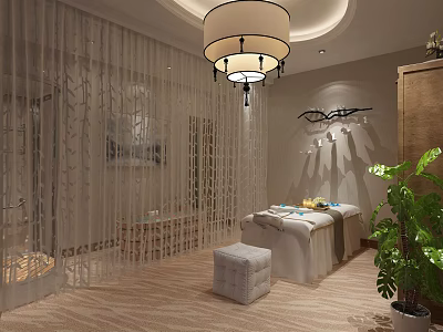Relaxing SPA Sauna Space with Massage Table Sheer Curtain and Chandelier Decor 3d model