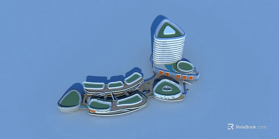 Modern Commercial Complex With Unique Tall Building Green Spaces And Low Rise Structures 3d model