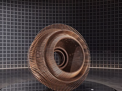 Modern Spiral Sculpture Carving With Multi layered Metallic Structure Grid Wall And Reflective Floor 3d model