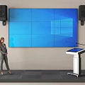 Modern Office Electronics Setup Featuring Large Screen Display Speakers And Touchscreen Podium 3d model
