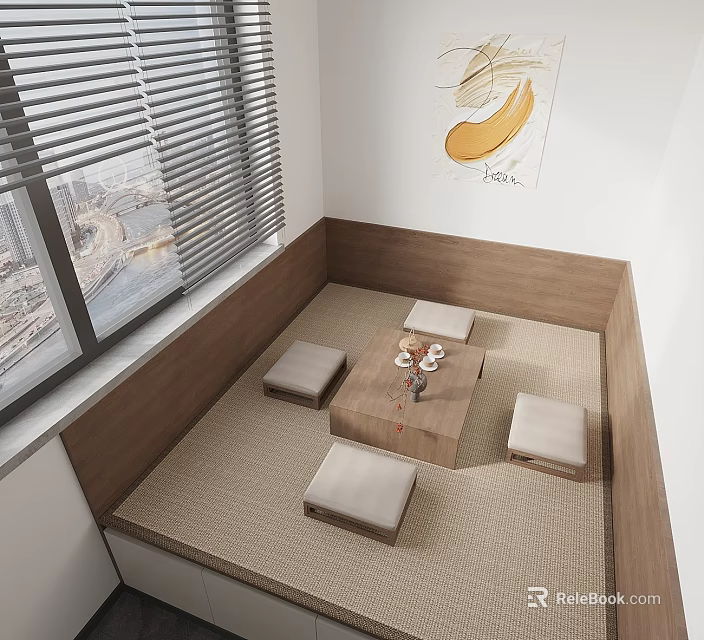 Tatami Bedroom with Window Blinds City View Decorative Painting Mat Small Tea Table and Cushions 3d model 