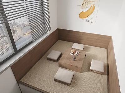 Tatami Bedroom with Window Blinds City View Decorative Painting Mat Small Tea Table and Cushions 3d model