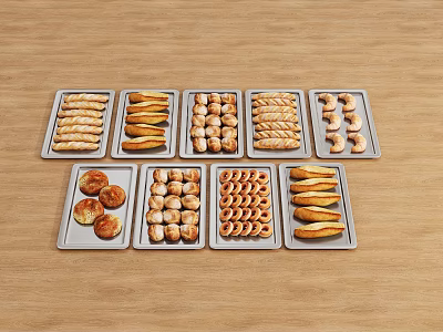 Variety Of Baked Goods On Baking Trays Over Wooden Table 3d model Variety Of Baked Goods On Baking Trays Over Wooden Table 3d model