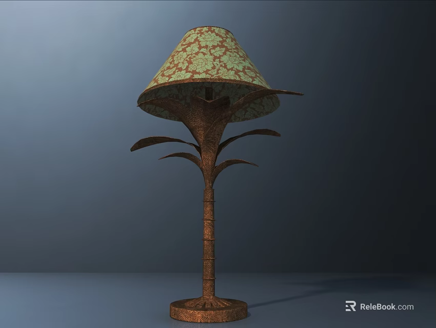 Palm Tree Shaped Table Lamp With Patterned Lampshade And Circular Wooden Base 3d model