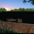 Scenic Lake View At Sunset With Wooden Deck Table Chairs And High Rise Buildings