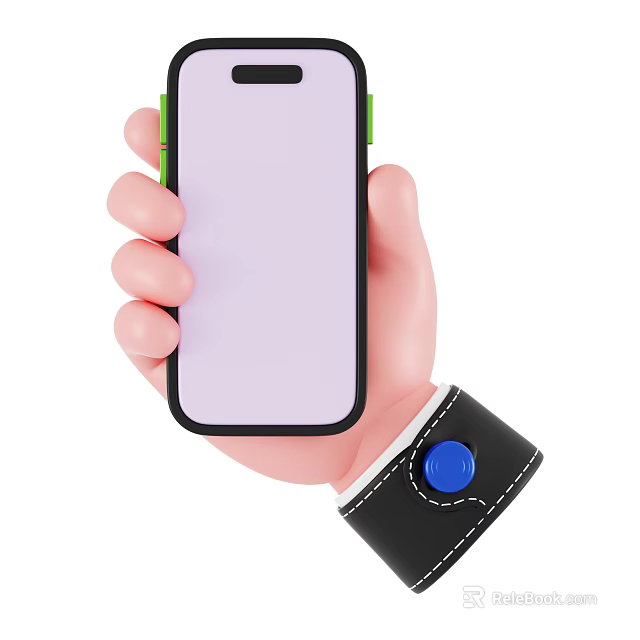 Hand Holding Modern Smartphone With Green Frame Light Purple Screen And Black Wristband Blue Button 3d model 