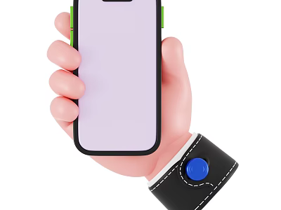 Hand Holding Modern Smartphone With Green Frame Light Purple Screen And Black Wristband Blue Button 3d model