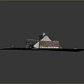 Cartoon Scene Featuring Country House with Brown Roof Triangle Windows Gravel Yard and Green Lawn
