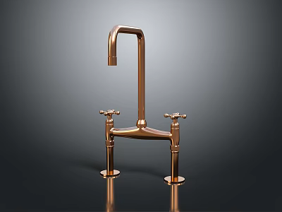 Copper Bathroom Faucet With Curved Spout Two Handles And Base On Dark Surface With Reflection 3d model