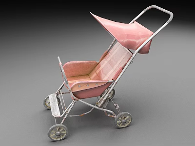 Vintage Baby Stroller With Pink Canopy Metal Frame And Wheels Design 3d model