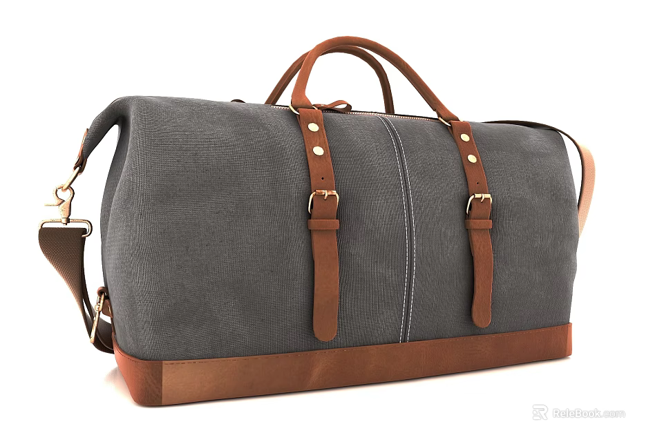 Classic Gray Canvas Duffel Bag With Brown Leather Handle Base And Shoulder Strap 3d model 