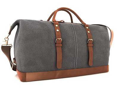 Classic Gray Canvas Duffel Bag With Brown Leather Handle Base And Shoulder Strap 3d model