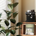 Middle Ancient Style Study Corner Log Style Decorative Cabinet Green Plant Dessert Dining Table Hanging Picture Bookshelf Coffee Machine Coffee Cup Electronic Products Window Light and Shadow 3d model