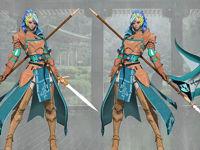 Game Character With Teal Blue Hair Brown And Blue Armor Holding Spear And Sword 3d model