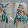 Game Character With Teal Blue Hair Brown And Blue Armor Holding Spear And Sword