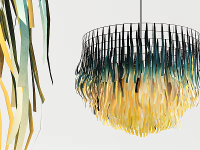 Modern Artistic Chandelier With Yellow Green Blue Hanging Paper Strips Design 3d model