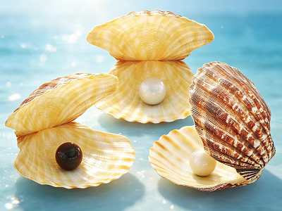 Open Aquatic Animal Shells With White And Black Pearls On Blue Water Background 3d model