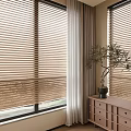 Modern Beige Window Blinds With White Curtains And Wooden Chest In Interior