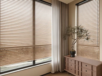 Modern Beige Window Blinds With White Curtains And Wooden Chest In Interior 3d model