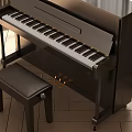 Classic Black Upright Piano Musical Instrument With Leather Bench On Wooden Floor And Curtains