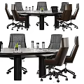 Round Conference Table with Leather Office Chairs and Water Bottles Notebooks in Modern Meeting Room