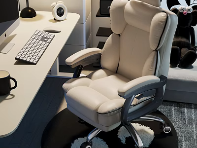 Modern Home Office Desk and Chair Set with Comfortable White Leather Chair in Cozy Workspace 3d model