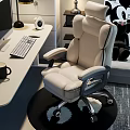 Modern Home Office Desk and Chair Set with Comfortable White Leather Chair in Cozy Workspace