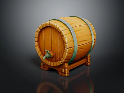 Wooden Barrel With Green Hoops Wooden Stand And Metal Spigot 3d model