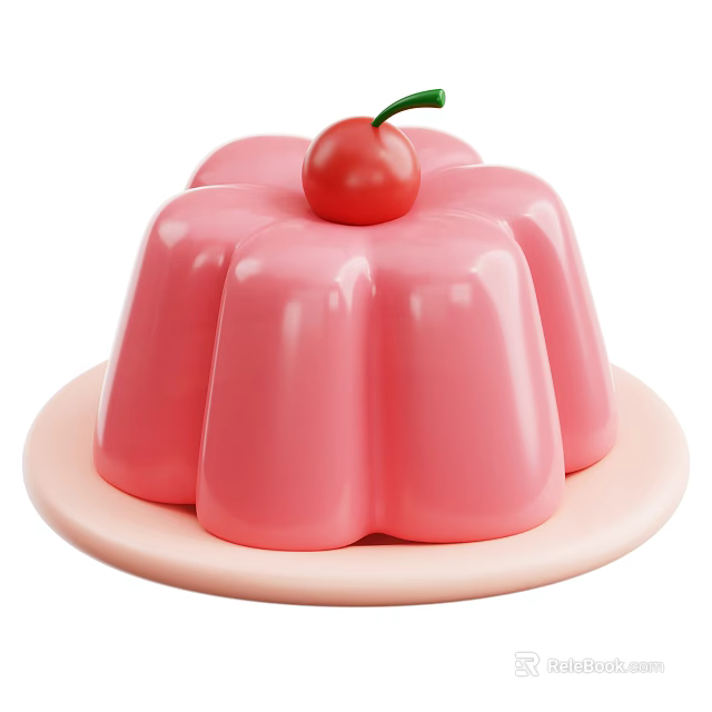 Pink Flower Shaped Jelly Dessert Topped With Red Cherry On Light Pink Plate 3d model 